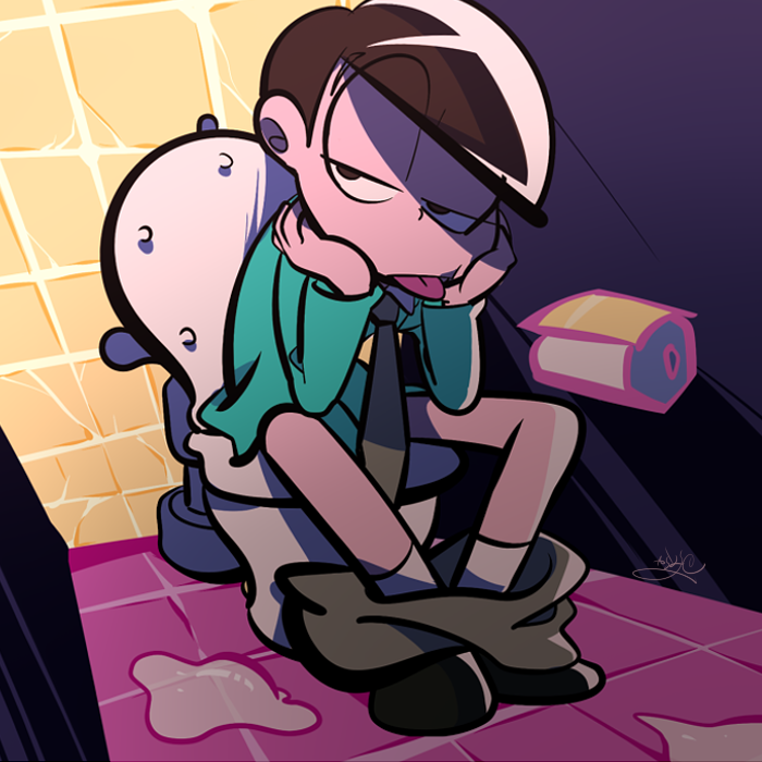 1boy ankle_socks aqua_shirt bathroom black_necktie black_shoes blunt_bangs brown_eyes brown_hair character_request check_character collared_shirt crack cum full_body grey_pants half-closed_eyes hands_on_own_cheeks hands_on_own_face indoors male_focus matsuno_choromatsu necktie official_alternate_costume osomatsu-san osomatsu_(series) pants pants_around_ankles sameyama_jiro shirt shoes short_hair signature sitting socks solo tile_floor tile_wall tiles toilet_paper toilet_use tongue white_socks