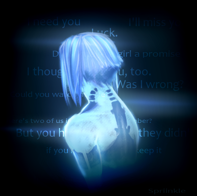1girl artist_name bare_back bare_shoulders blue_skin body_markings colored_skin cortana english_text from_behind glowing halo_(series) halo_3 lens_flare nape short_hair solo source_quote spriinkle upper_body