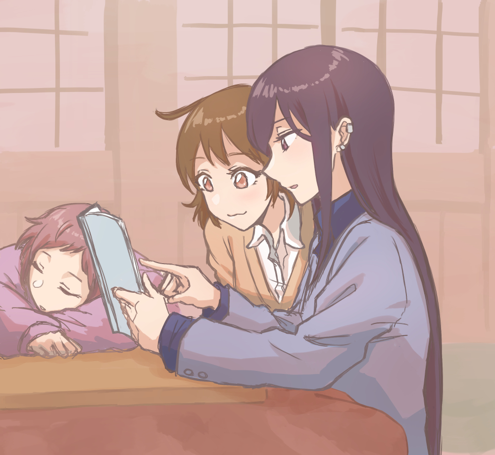 3girls black_hair black_jacket blue_shirt brown_eyes brown_hair brown_sweater closed_eyes coat commentary_request earrings futano_sasa gari ichiki_umi jacket jewelry kotatsu long_hair looking_to_the_side medium_hair miyama_nena multiple_girls okujou_no_yurirei-san open_mouth pink_coat pointing profile shirt short_hair sleeping sweater table white_shirt yuri