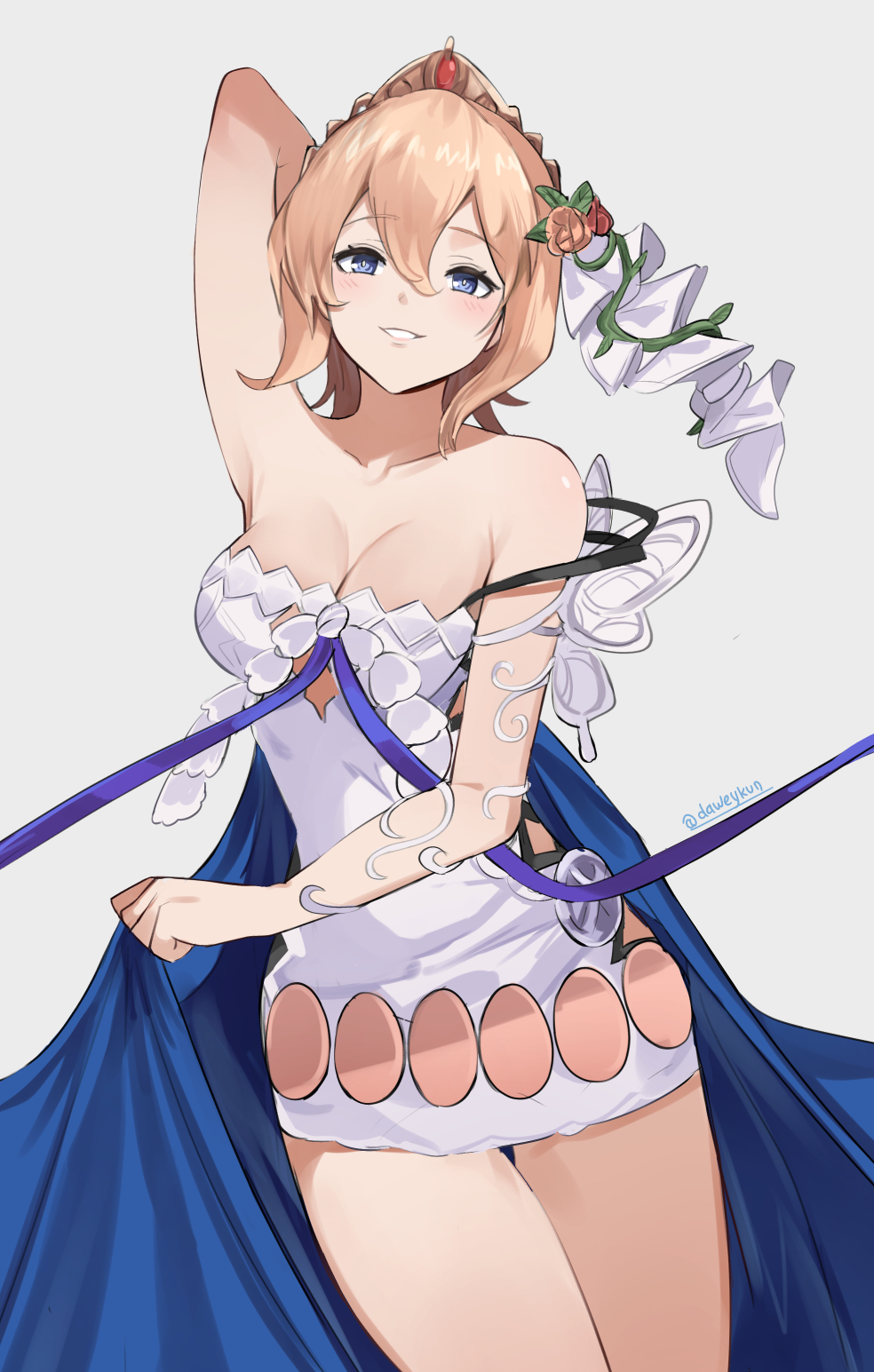 1girl armpits blue_eyes blush breasts cleavage collarbone commentary daweykun dress europa_(granblue_fantasy) granblue_fantasy grey_background hair_between_eyes highres looking_at_viewer medium_breasts short_hair simple_background sleeveless sleeveless_dress smile solo thighs tiara twitter_username white_dress
