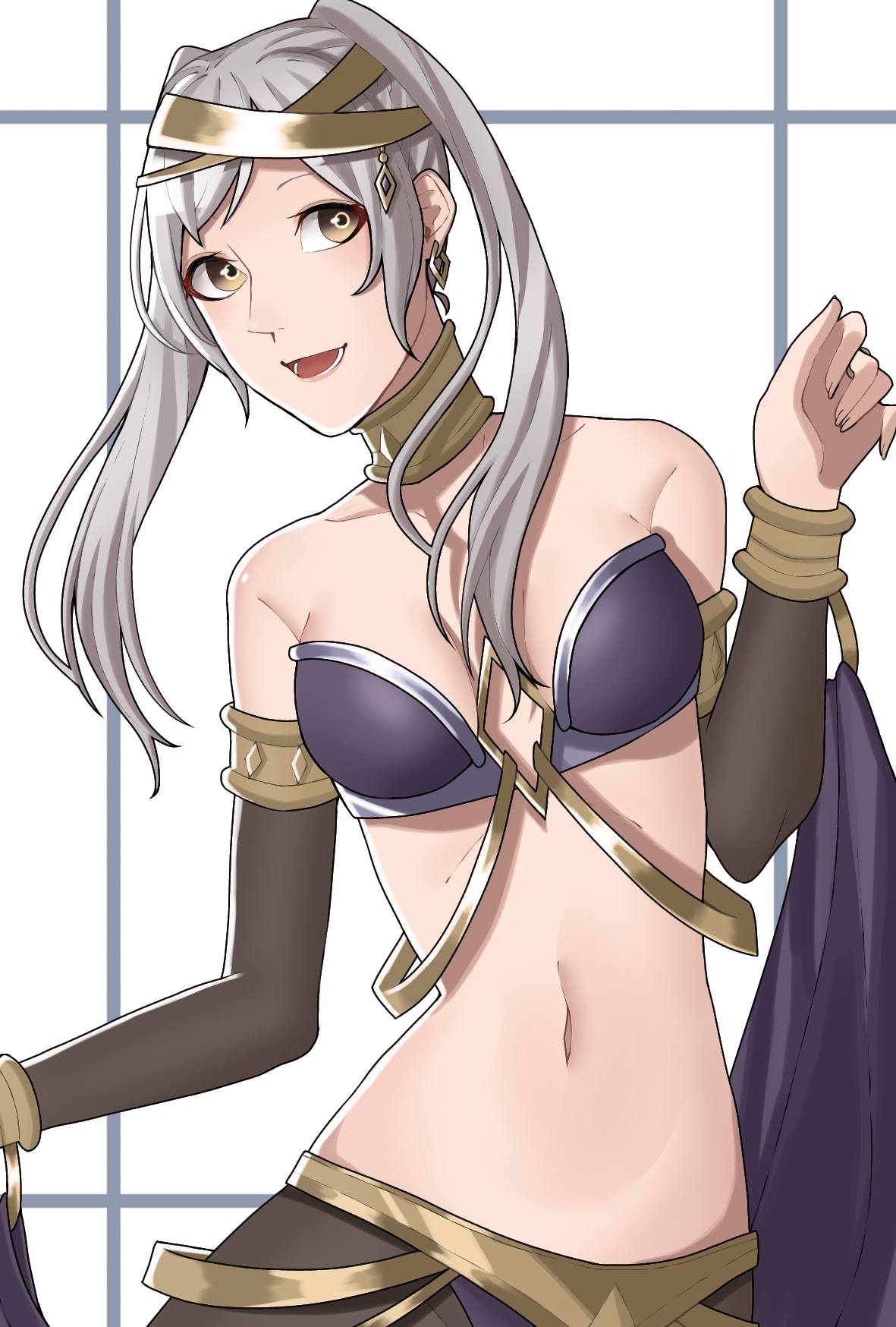 1girl alternate_costume ao_saryaruhu armlet armpit_crease belly_dancer bra bracelet breasts brown_eyes circlet cleavage clenched_hand collar collarbone earrings elbow_gloves eyelashes female_focus fingerless_gloves fingernails fire_emblem fire_emblem_awakening gloves hair_ornament hands_up happy highres jewelry leaning_to_the_side loincloth long_hair looking_at_viewer lots_of_jewelry medium_breasts midriff navel neck nintendo olivia_(fire_emblem)_(cosplay) open_mouth pendant robin_(female)_(fire_emblem) robin_(fire_emblem) sidelocks smile standing stomach strapless strapless_bra swept_bangs twintails underwear upper_body white_hair