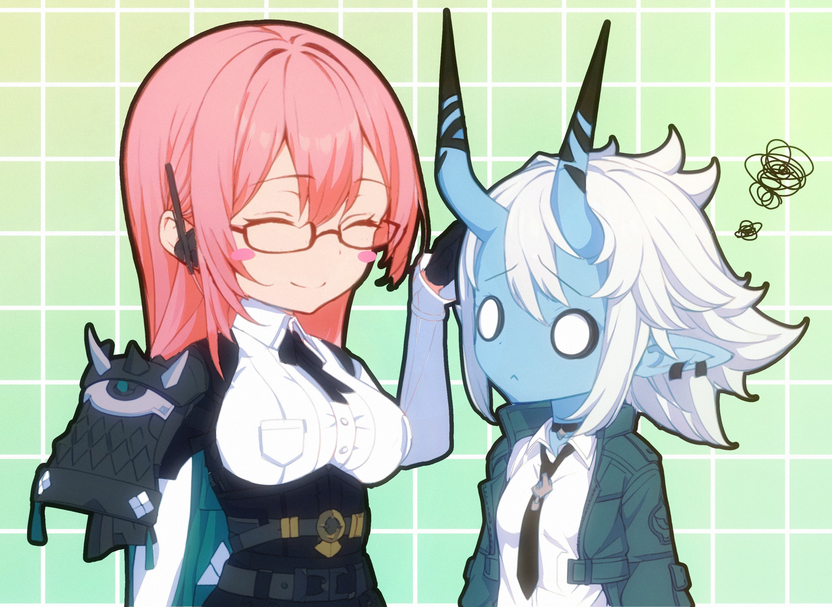 2girls armor black_gloves black_necktie black_skirt blue_skin blush closed_eyes closed_mouth colored_skin dress_shirt gloves green_jacket hair_between_eyes headpat high-waist_skirt highres horns jacket kakk_e long_hair multiple_girls necktie o_o oni pencil_skirt pink_hair pointy_ears shirt short_hair shoulder_armor sidelocks simple_background skirt smile soukaku_(zenless_zone_zero) tsukishiro_yanagi white_hair white_shirt zenless_zone_zero