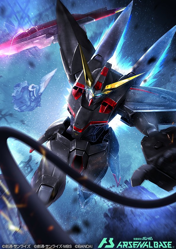 blitz_gundam blue_eyes charging_forward ginn glowing glowing_eyes gundam gundam_arsenal_base gundam_seed mecha mobile_suit no_humans open_hand robot solo space taka-f v-fin wreckage