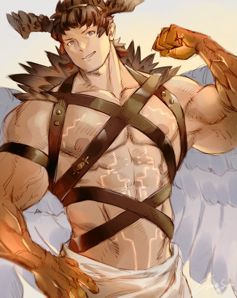 1boy abs bara biceps character_request chest_harness cowboy_shot feather_hair flexing gentle2nd glowing_cracks gradient_skin granblue_fantasy harness head_tilt large_pectorals looking_at_viewer male_focus muscular muscular_male nipples pectorals short_hair solo stomach