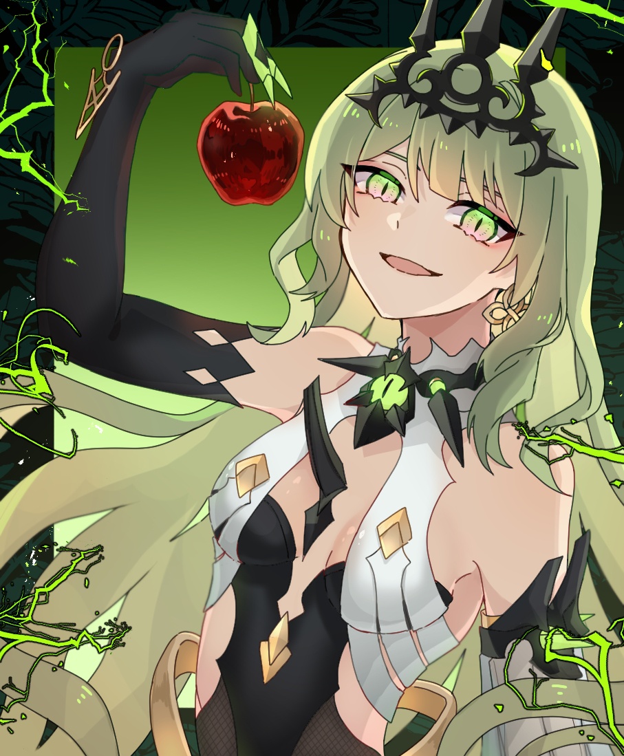 1girl apple black_dress black_gloves black_tiara breasts center_opening commentary_request dress earrings elbow_gloves food fruit gloves green_background holding holding_food holding_fruit honkai_(series) honkai_impact_3rd jewelry long_hair mobius_(honkai_impact) open_mouth slit_pupils small_breasts solo spikes tiara ufo_(23494318) upper_body
