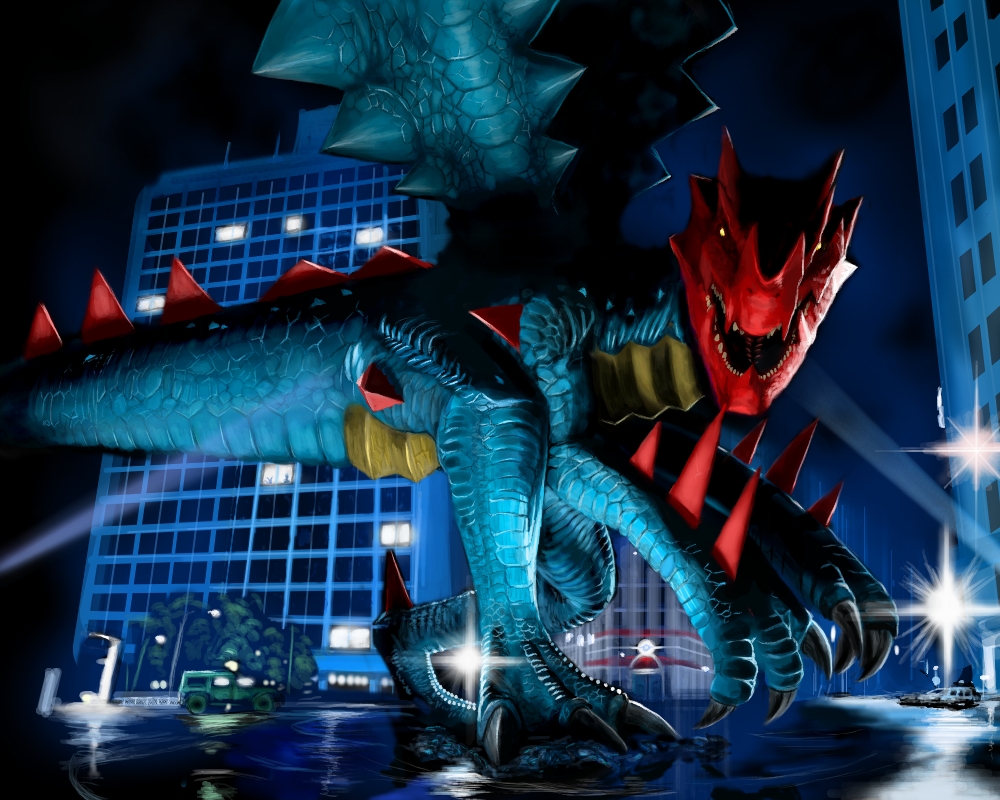 building car city claws commentary cosmo_(465lilia) druddigon gen_5_pokemon glowing glowing_eyes godzilla_(series) godzilla_the_series kaiju lamppost looking_at_viewer military_jeep motor_vehicle night night_sky nintendo parody pokemon pokemon_(creature) pokemon_bw reflection reflective_floor reflective_water sky spines spotlight tail teeth toho tristar_pictures wings zilla