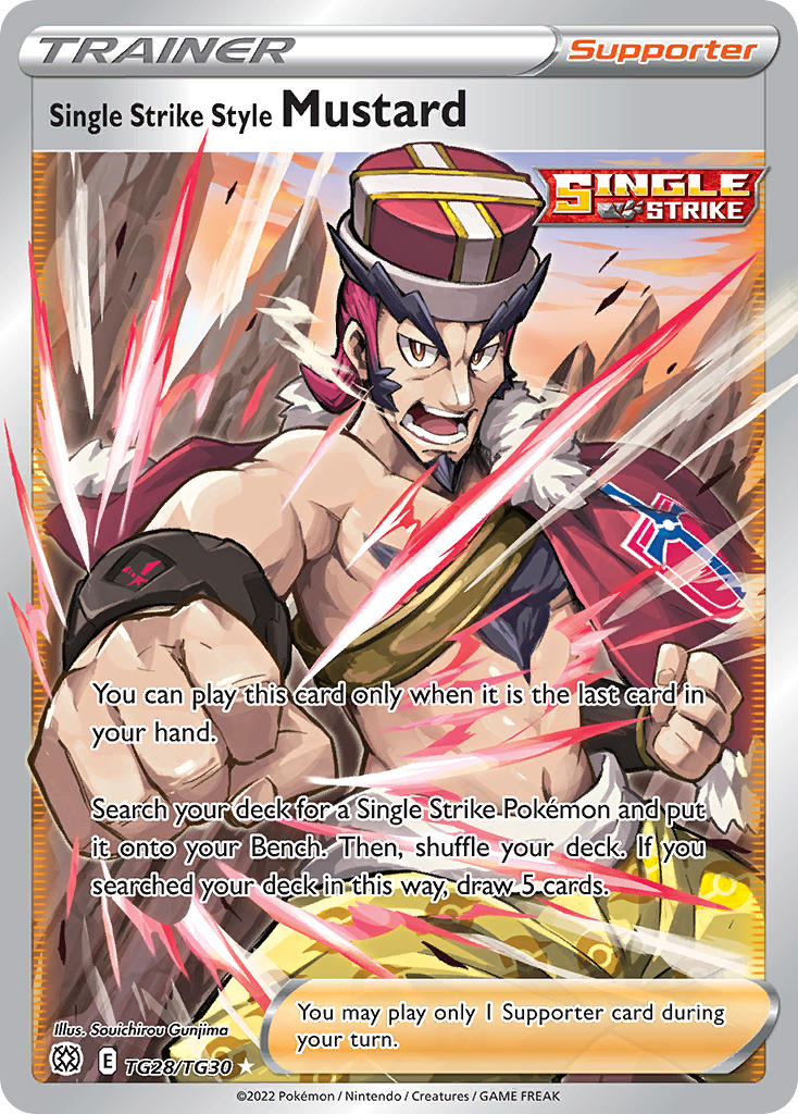 1boy aged_down artist_name black_hair bright_pupils cape card_(medium) character_name chest_hair clenched_hands company_name copyright_name copyright_notice dynamax_band english_text gunjima_souichirou hat incoming_attack incoming_punch long_eyebrows male_focus motion_lines multicolored_hair muscular muscular_male mustard_(pokemon) nintendo official_art open_mouth pants pokemon pokemon_card pokemon_swsh pokemon_tcg print_pants punching red_cape red_hair red_hat short_hair solo teeth third-party_source topless_male trading_card two-tone_hair v-shaped_eyebrows white_pupils yellow_eyes yellow_pants