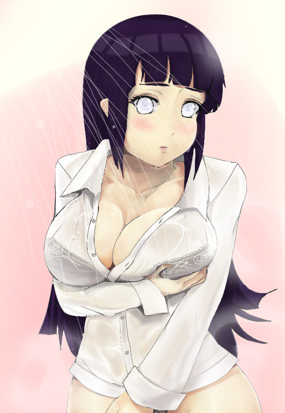 1girl black_hair blush bra breast_hold breasts cleavage female_focus hyuuga_hinata large_breasts long_hair looking_at_viewer naruto naruto_(series) purple_eyes sakuama see-through_clothes solo underwear wet