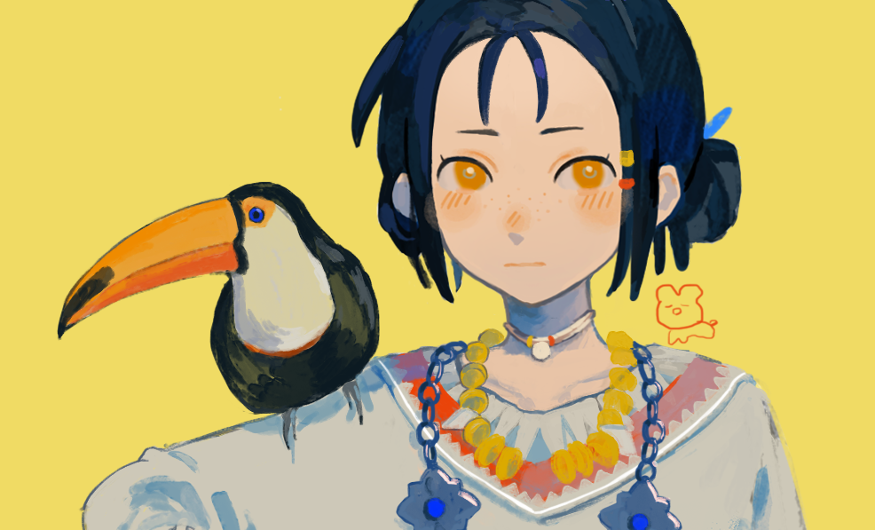 1girl animal animal_on_shoulder bead_necklace beads bird bird_on_shoulder black_hair bright_pupils chain chain_necklace choker collarbone doodle_inset double_bun expressionless forehead freckles hair_bun jewelry long_sleeves looking_to_the_side necklace orange_eyes original parted_hair pofu31 portrait red_trim shirt short_hair simple_background solo straight-on toucan very_low_bun white_shirt yellow_background