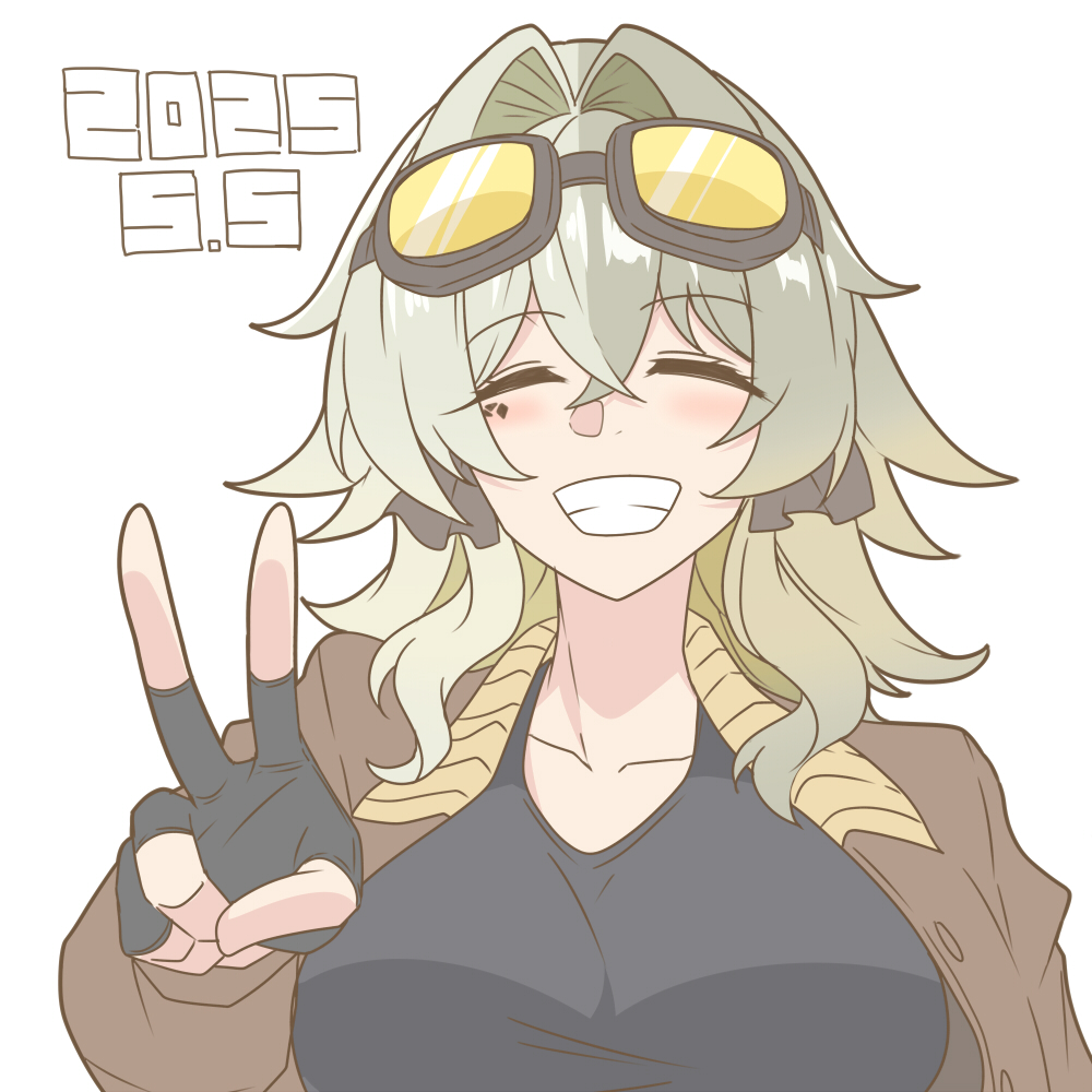 1girl black_gloves black_shirt breasts brown_hair brown_jacket collarbone dated fingerless_gloves gloves goggles goggles_on_head hair_intakes honkai_(series) honkai_impact_3rd jacket large_breasts medium_hair nabeiro_kin open_mouth shirt simple_background smile solo teeth upper_body v vill-v white_background