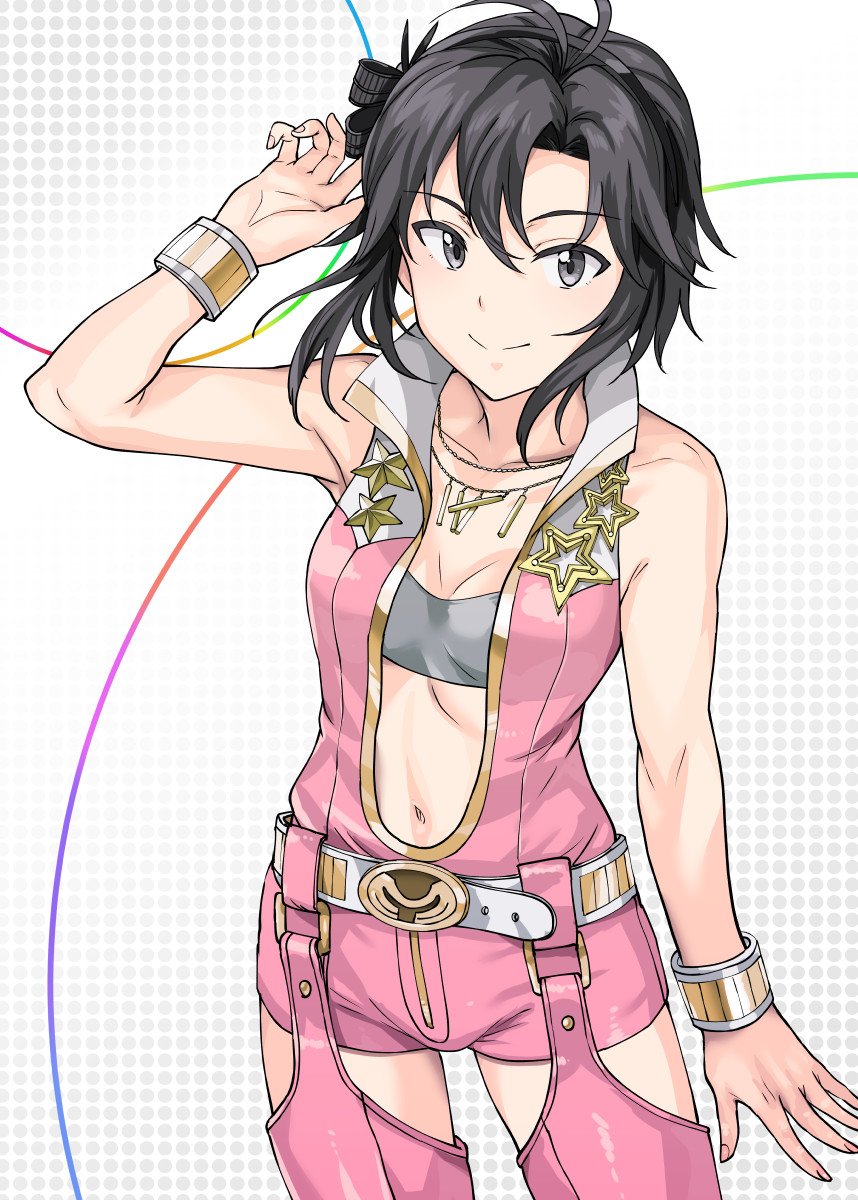 1girl antenna_hair arm_at_side arm_up armpits asymmetrical_bangs bandeau bare_arms bare_shoulders belt black_eyes black_hair black_hairband bracelet bracer breasts center_opening cleavage closed_mouth collarbone commentary_request contrapposto cowboy_shot garter_straps gradient_background hair_between_eyes hair_ornament hairband high_collar highres idolmaster idolmaster_(classic) idolmaster_2 jewelry kikuchi_makoto looking_at_viewer luxury_(idolmaster) navel necklace pink_diamond_765_(idolmaster) pink_thighhighs short_hair sleeveless small_breasts smile solo standing star_(symbol) thighhighs tsurui