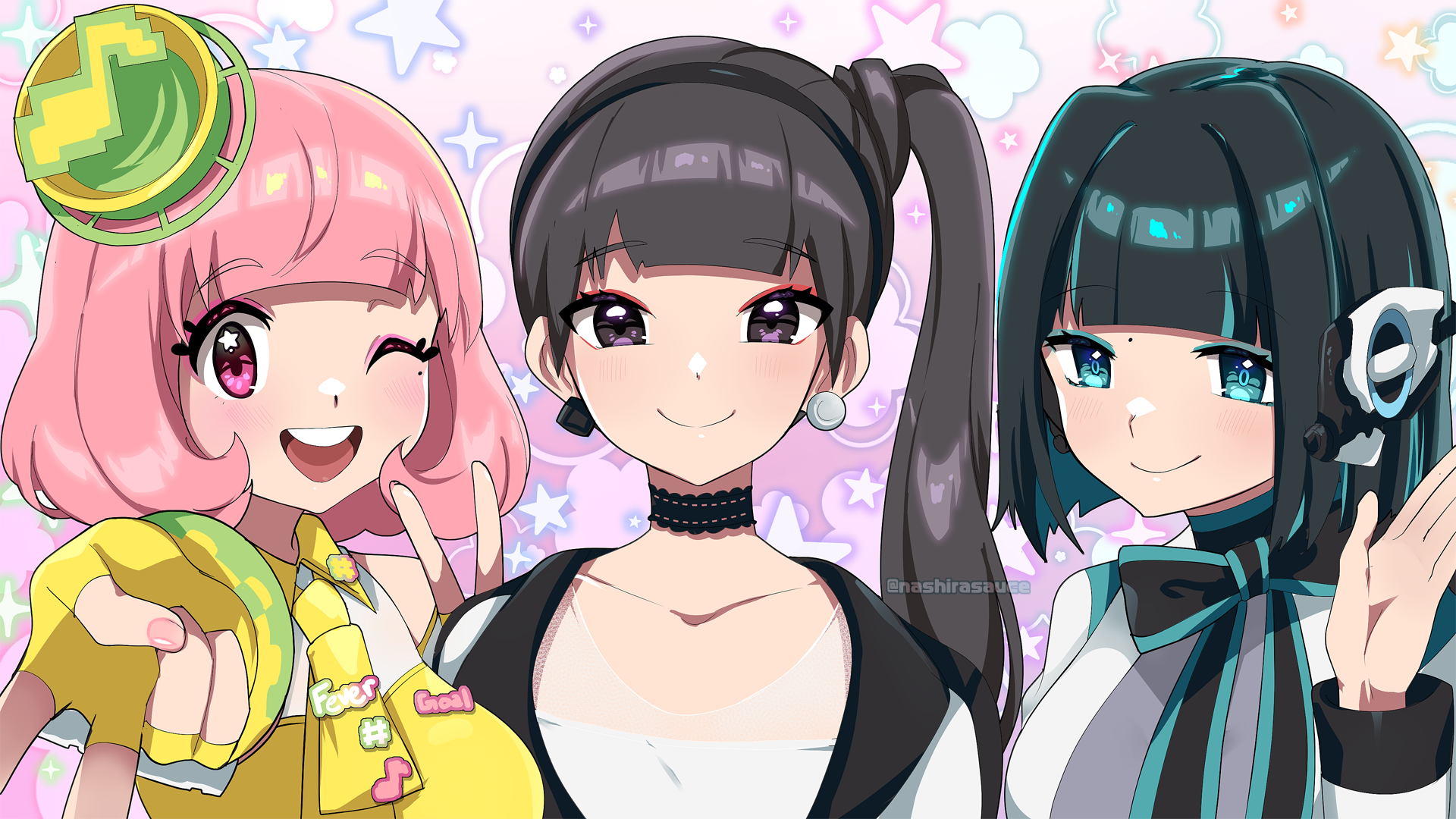 3girls animification black_eyes black_hair black_ribbon commentary earrings eyeshadow fingerless_gloves fingernails gloves green_eyes hand_up hat highres humagear_headphones is_(kamen_rider_01) jewelry kamen_rider kamen_rider_01_(series) kamen_rider_ex-aid_(series) kamen_rider_geats_(series) looking_at_viewer makeup mole mole_under_eye multiple_girls musical_note nashirasauce necktie one_eye_closed open_mouth pink_eyes pink_hair ponytail poppi_pipopapo ribbon short_hair smile tokusatsu tsumuri_(kamen_rider_geats) twitter_username v yellow_gloves