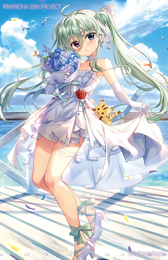 1girl ahoge bare_shoulders blue_eyes blue_flower blue_sky blush bouquet bow braid cloud commentary_request day dress einhard_stratos elbow_gloves flower fujima_takuya gloves green_hair hair_between_eyes hair_bow head_tilt heterochromia high_heels holding holding_bouquet horizon long_hair looking_at_viewer lyrical_nanoha mahou_shoujo_lyrical_nanoha ocean official_art outdoors parted_lips petals purple_eyes shoes skirt_hold sky sleeveless sleeveless_dress solo twintails twitter_username very_long_hair water white_bow white_dress white_flower white_gloves white_shoes