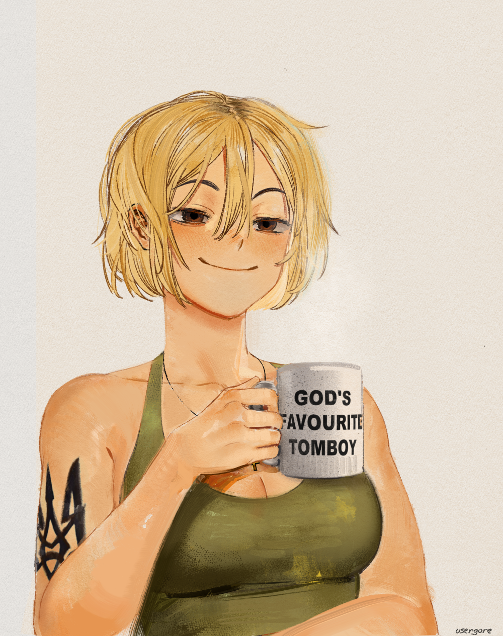 1girl arm_tattoo artist_name blonde_hair breasts brown_eyes cleavage commentary cup english_commentary green_tank_top hair_between_eyes half-closed_eyes highres holding holding_cup marichka medium_breasts military original russo-ukrainian_war short_hair signature smile smug solo tank_top tattoo tryzub upper_body usergore white_background