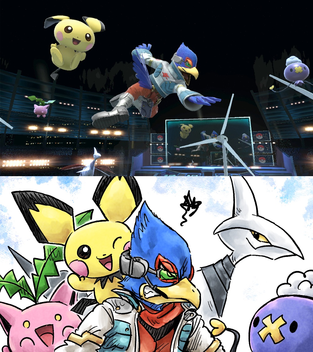 1boy drifloon falco_lombardi game_freak game_screenshot_inset gen_2_pokemon gen_4_pokemon hoppip jacket kicdon male_focus nintendo one_eye_closed open_mouth pichu pokemon pokemon_(creature) skarmory solid_oval_eyes squiggle star_fox super_smash_bros. white_jacket