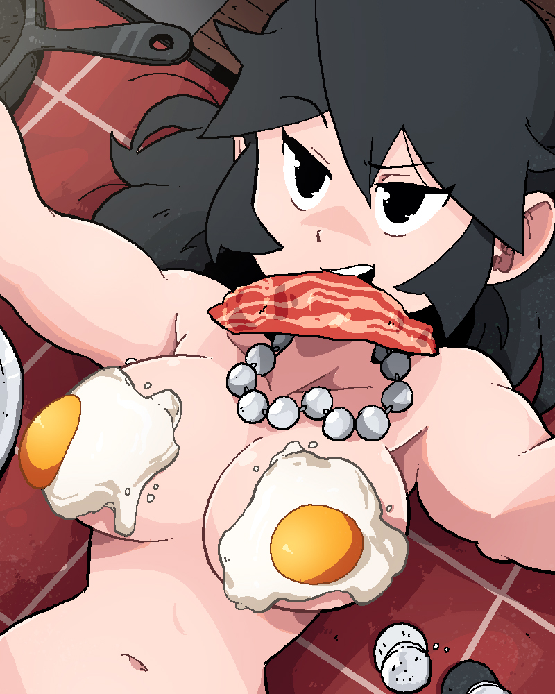 1girl bacon black_eyes black_hair breasts egg egg_(food) food food_on_body jewelry large_breasts long_hair lucia_(scott_malin) mouth_hold navel necklace nude original parted_lips salt scott_malin shadow solo sunny_side_up_egg tile_floor tiles upper_body