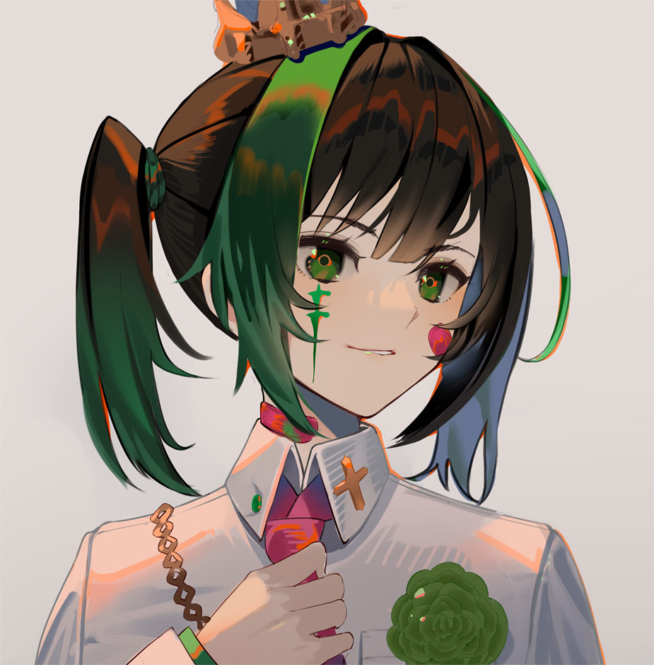 black_hair blazer corsage crown flower gradient_hair green_eyes green_flower green_hair hair_between_eyes hk_(hk) jacket love_live! love_live!_nijigasaki_high_school_idol_club medium_hair multicolored_hair necktie pink_neckwear simple_background streaked_hair takasaki_yu teeth twintails two-tone_hair white_background white_jacket