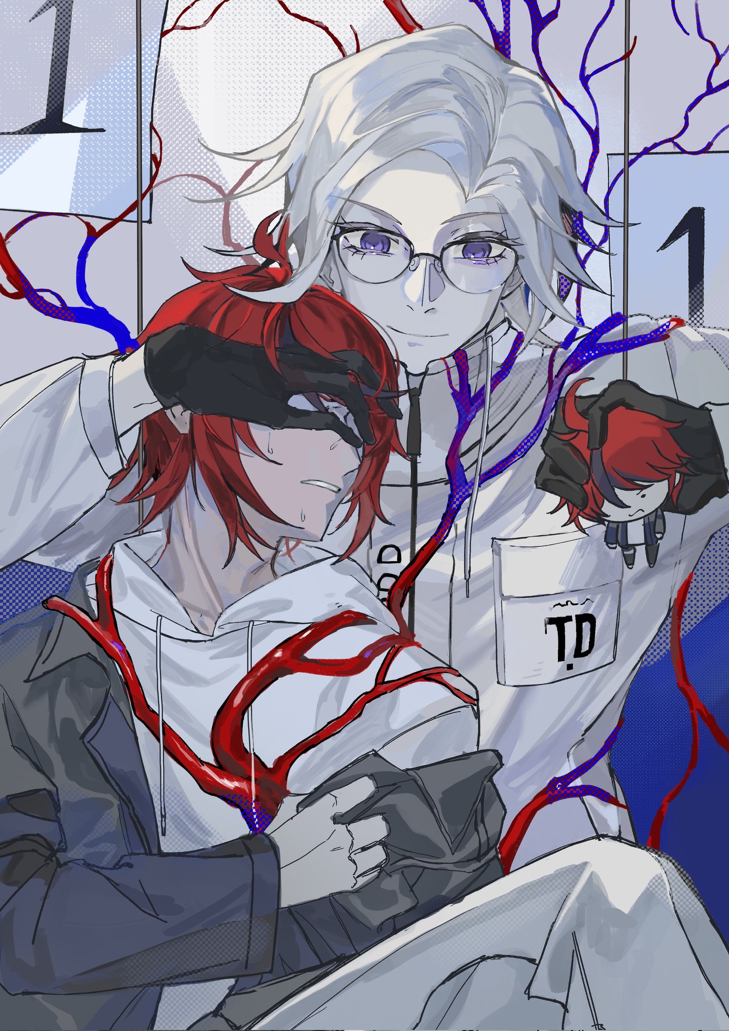 3boys ahoge aotsuki_eito black_gloves blue_jacket breast_pocket chibi chinese_commentary covered_eyes crossed_legs drawstring dual_persona glasses gloves grey_hair grey_jacket hand_on_another's_face hands_up highres holding_chibi hood hoodie jacket jacket_over_hoodie male_focus multicolored_hair multicolored_jacket multiple_boys nervous_sweating pocket pulling_own_clothes purple_eyes red_hair short_hair streaked_hair sumino_takumi sweat the_hundred_line_-last_defense_academy- two-tone_jacket veins white_hoodie white_jacket youshi1201