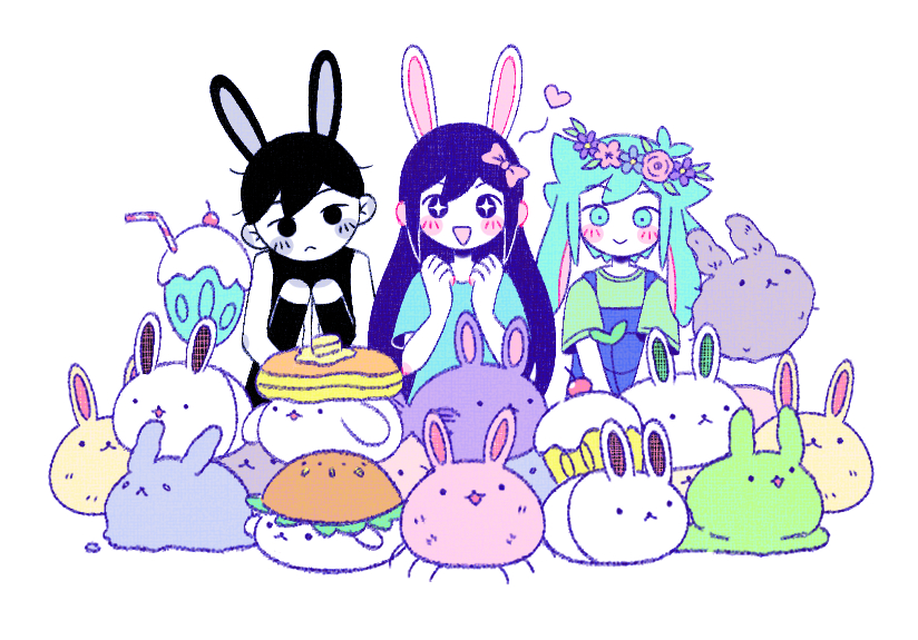 +_+ 1girl 2727_onigiri 2boys :&lt; animal_ears antenna_hair aubrey_(headspace)_(omori) aubrey_(omori) basil_(headspace)_(omori) basil_(omori) black_eyes black_hair black_socks black_tank_top blue_overalls blue_shirt blush bug_bunny_(omori) bun_bunny_(omori) butter character_request check_character closed_mouth colored_skin cupcake cupcake_bunny_(omori) dust_bunny_(omori) fish_bunny_(omori) flower food forest_bunny_(omori) ghost_bunny_(omori) green_eyes green_hair green_shirt head_wreath kneehighs long_hair looking_at_viewer milkshake_bunny_(omori) multiple_boys omori omori_(omori) open_mouth overalls pancake pancake_bunny_(omori) pancake_stack purple_eyes purple_hair rabbit_boy rabbit_ears rabbit_girl shirt short_hair short_sleeves shorts simple_background slime_bunny_(omori) snow_bunny_(omori) socks space_bunny_(omori) sprout_bunny_(omori) striped_clothes striped_shorts t-shirt tank_top triangle_mouth vertical-striped_clothes vertical-striped_shorts white_background white_shorts white_skin