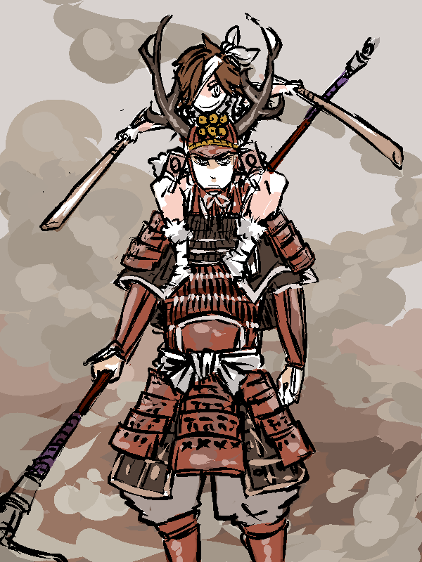 armor bokken brown_hair date_masamune eyepatch helmet male_focus polearm sanada_yukimura_(sengoku_musou) sengoku_musou sitting sitting_on_person sitting_on_shoulder spear swept_bangs sword weapon wooden_sword