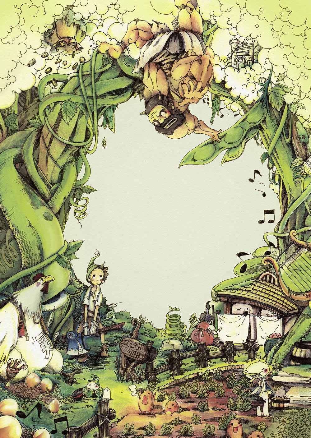 &gt;_&lt; 1girl 2boys 2others axe bag basket bed_sheet bird bird_nest black_eyes blush brown_facial_hair brown_hair brown_pants brown_shoes carrot castle chicken clawed_feet cloud coin commentary_request dress duck egg facial_hair falling fence from_behind frown garden giant grass green_hat grey_background hat highres holding holding_axe jack_(fairy_tale) jack_and_the_beanstalk laundry_pole looking_down looking_up moss multiple_boys multiple_others muscular muscular_male musical_note pants pea_pod plant red_dress red_vest rock rooster rooster_comb shirt shoes sign simple_background toga tomohito vest vines white_shirt