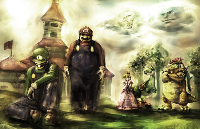 1girl 2boys bad_id bad_pixiv_id bowser castle cloud dinosaur everyone kitakazuki koopa luigi mario mario_(series) multiple_boys nintendo princess_peach princess_peach&#039;s_castle realistic yoshi