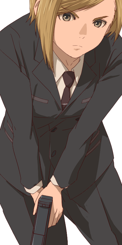 1girl aonori_misuji black_jacket black_necktie black_suit blush closed_mouth collared_shirt elena_(ff7) final_fantasy final_fantasy_vii formal_clothes gun handgun holding holding_gun holding_weapon jacket looking_at_viewer necktie shirt short_hair simple_background solo suit turks_(ff7) weapon white_background white_shirt