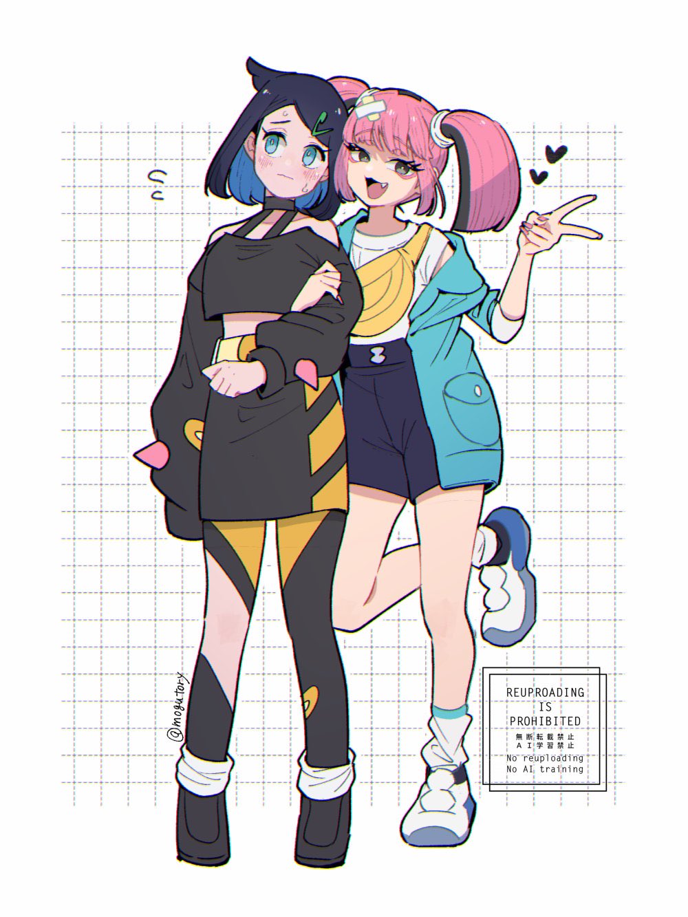2girls :3 alternate_costume black_eyes black_hair blue_eyes blue_hair blush bright_pupils closed_mouth colored_inner_hair commentary_request coral_(pokemon) fang hand_on_another&#039;s_arm highres liko_(pokemon) long_sleeves looking_at_viewer mogutory multicolored_hair multiple_girls nintendo open_mouth pink_hair pink_nails pokemon pokemon_(anime) pokemon_horizons short_hair short_sleeves short_twintails sweat twintails twitter_username v watermark white_pupils