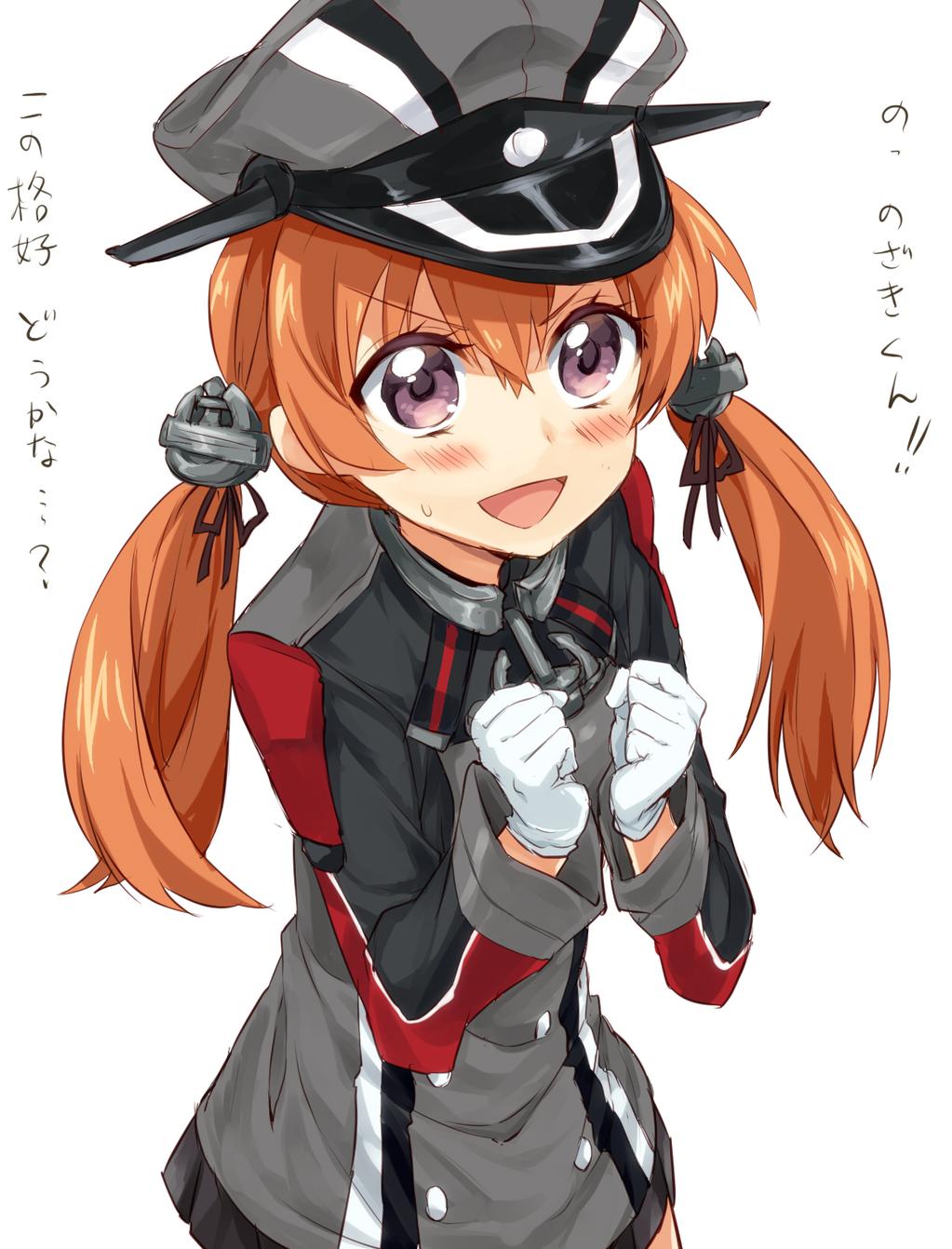 &gt;:d 1girl :d anchor_hair_ornament black_ribbon black_skirt blush cosplay female_focus gekkan_shoujo_nozaki-kun gloves hair_ornament hair_ribbon hat highres jpeg_artifacts kantai_collection long_hair long_sleeves maru_eda maruki_(punchiki) md5_mismatch microskirt military military_uniform open_mouth orange_hair ozawa_ari peaked_cap pleated_skirt prinz_eugen_(kancolle) prinz_eugen_(kancolle)_(cosplay) purple_eyes resized resolution_mismatch ribbon sakura_chiyo simple_background skirt smile solo source_larger sweatdrop translated v-shaped_eyebrows voice_actor_connection white_background white_gloves