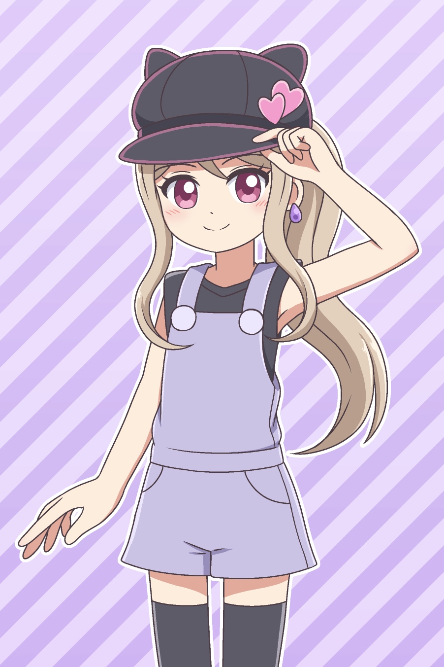 1girl arm_up bandai black_hat black_shirt black_thighhighs blush broadcaster_connection buttons closed_mouth commentary company_connection cosplay cowboy_shot dot_nose earrings hair_between_eyes hand_on_own_hat hat hat_ornament heart heart_hat_ornament highres jewelry kamisama_minarai:_himitsu_no_cocotama kato-shun long_hair looking_at_viewer melodytchi melodytchi_(cosplay) overalls pink_eyes purple_background purple_overalls sakurai_nozomi_(kamisama_minarai) shirt sleeveless sleeveless_shirt smile solo standing striped_background tamagotchi tamagotchi!_(anime) teardrop_earrings thighhighs tv_tokyo