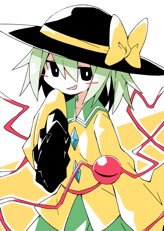 1girl asameshi black_eyes black_hat blush_stickers bow bright_pupils green_hair green_skirt hair_between_eyes hand_up hat hat_bow heart heart_of_string komeiji_koishi long_sleeves medium_hair open_mouth shirt skirt sleeves_past_fingers sleeves_past_wrists smile solo third_eye touhou upper_body white_background white_pupils yellow_background yellow_bow yellow_shirt