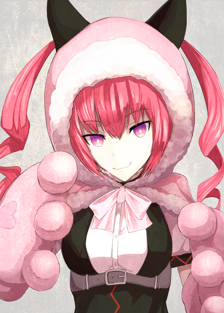 1girl 5pb. akiha_rumiho animal_ears animal_hands animal_hood black_dress buttons capelet cat_ears dress fake_animal_ears faris_nyannyan female_focus fur_trim gloves grey_background hair_between_eyes head_tilt heart hood konkito looking_at_viewer nitroplus pink_eyes pink_gloves pink_hair science_adventure short_sleeves simple_background smile solo steins;gate underbust upper_body