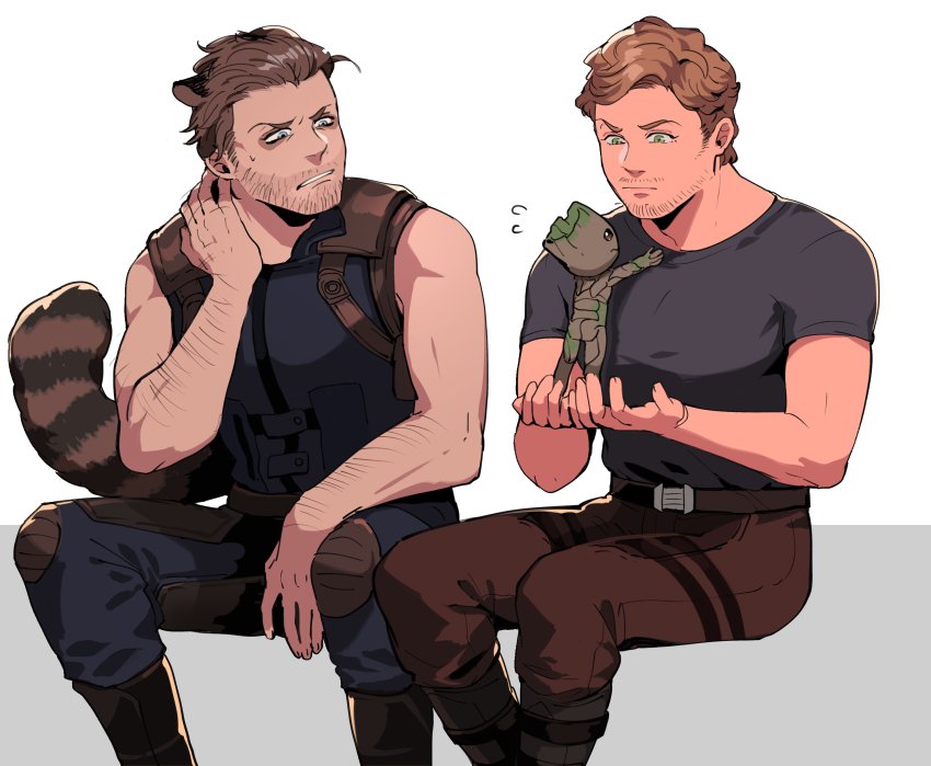 3boys animal_ears arm_hair arm_up armor arms_up beard_stubble belt belt_buckle black_belt black_shirt blue_eyes boots brown_belt brown_hair buckle chinese_commentary closed_mouth commentary_request crew_neck facial_hair feet_out_of_frame flying_sweatdrops green_eyes groot guardians_of_the_galaxy hair_slicked_back hand_on_own_neck holding humanization knee_pads leather_armor looking_at_another male_focus marvel marvel_cinematic_universe ming_(5unri5e666) multiple_boys parted_lips pauldrons peter_quill raccoon_boy raccoon_ears raccoon_tail rocket_raccoon shirt shirt_tucked_in short_hair short_sleeves shoulder_armor side-by-side sitting stubble sweatdrop t-shirt tail teeth thigh_belt thigh_strap tree_boy wavy_hair