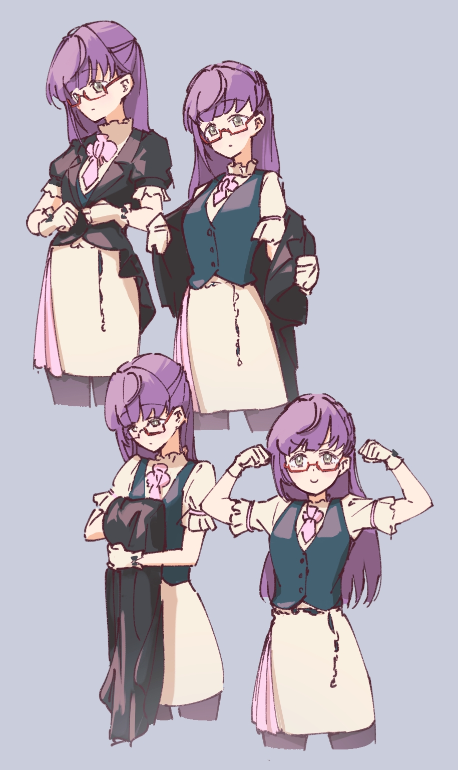 &gt;:) 1girl ascot black_jacket black_pantyhose black_vest blush breasts c: closed_mouth collared_shirt commentary_request cropped_legs double_biceps_pose flexing folding_clothes frilled_sleeves frills green_eyes grey_background half_updo highres holding holding_jacket holding_unworn_clothes jacket lao_ren_xing large_breasts link!_like!_love_live! long_hair looking_at_viewer love_live! miniskirt multiple_views official_alternate_costume oshiete_teacher_(love_live!) otomune_kozue pantyhose pencil_skirt pink_ascot puffy_short_sleeves puffy_sleeves purple_hair red-framed_eyewear semi-rimless_eyewear shirt short-sleeved_jacket short_sleeves sidelocks simple_background skirt smile under-rim_eyewear undressing unworn_jacket v-shaped_eyebrows vest virtual_youtuber white_shirt white_skirt