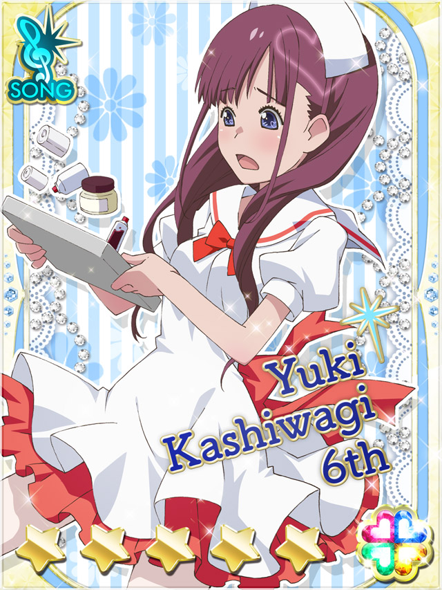 1girl akb0048 blue_eyes bow bowtie card_(medium) character_name cowboy_shot dress fanged_bangs flower hat heart holding holding_tray kashiwagi_yuki_(akb0048) long_hair looking_at_object non-web_source nurse nurse_cap official_art open_mouth puffy_sleeves purple_hair red_bow red_bowtie short_sleeves solo sparkle standing star_(symbol) striped_background three_quarter_view tray treble_clef vertical-striped_background white_dress white_flower