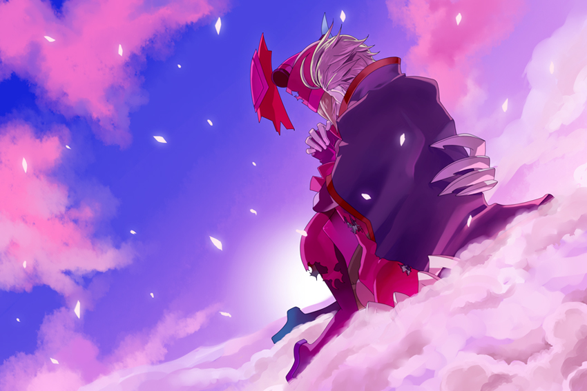 1boy 1girl android arc_system_works blazblue blonde_hair cape cloud gloves ignis_(blazblue) relius_clover torn_clothes