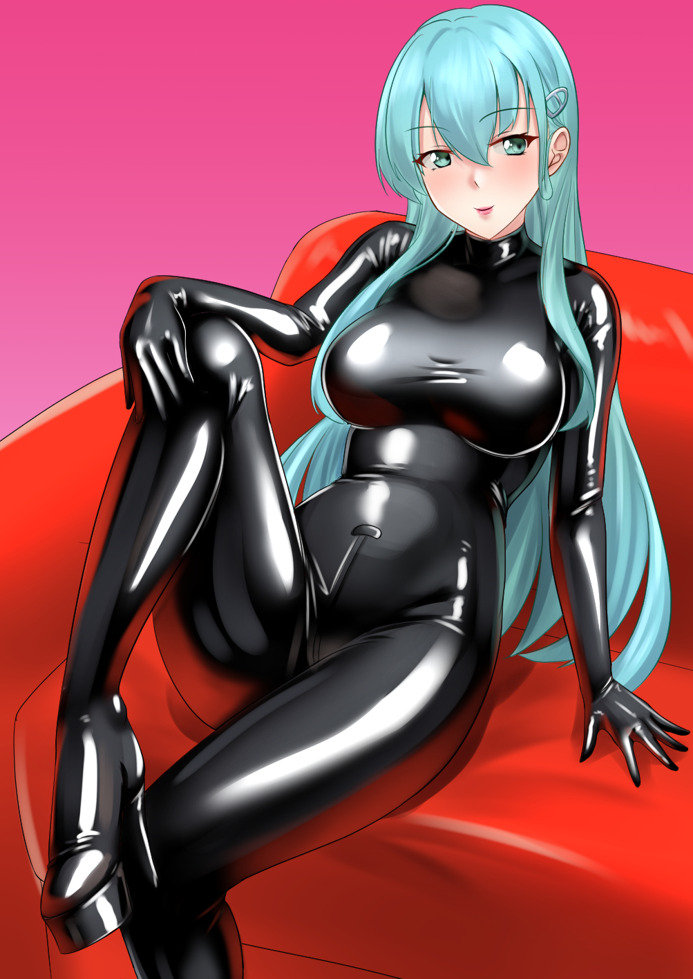 1girl alternate_costume aqua_hair black_bodysuit bodysuit breasts green_eyes hair_between_eyes hair_ornament hairclip high_heels highres kantai_collection large_breasts latex latex_bodysuit lipstick long_hair makeup sitting skin_tight smile solo suzuya_(kancolle) very_long_hair wata_nuki