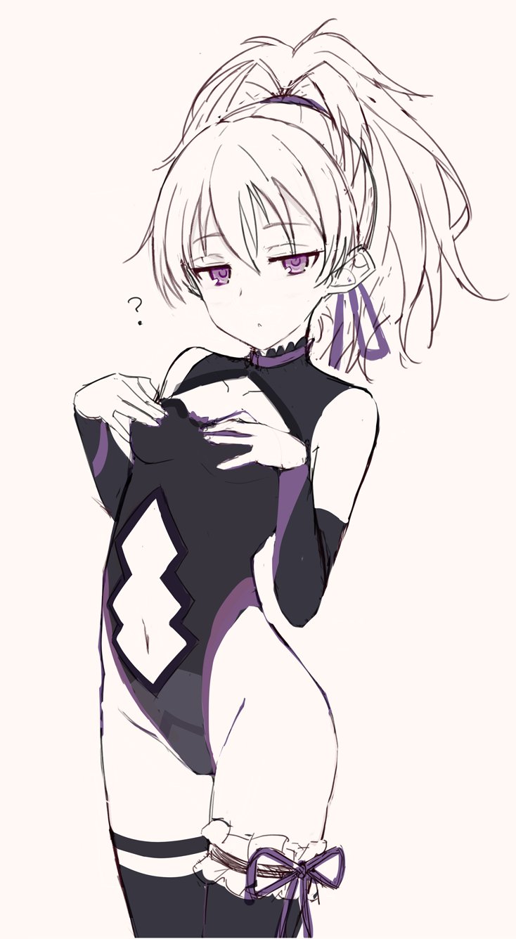 1girl breasts clothing_cutout darker_than_black groin highleg highres navel nonono_mino ponytail purple_eyes ribbon simple_background small_breasts solo standing thighhighs thighs white_hair yin_(darker_than_black)