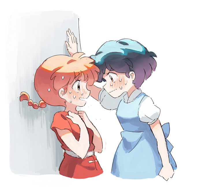 2girls aquanut blue_hair blush braid braided_ponytail chinese_clothes closed_mouth fuurinkan_high_school_uniform multiple_girls nervous open_mouth ranma-chan ranma_1/2 red_hair school_uniform short_hair tangzhuang tendou_akane