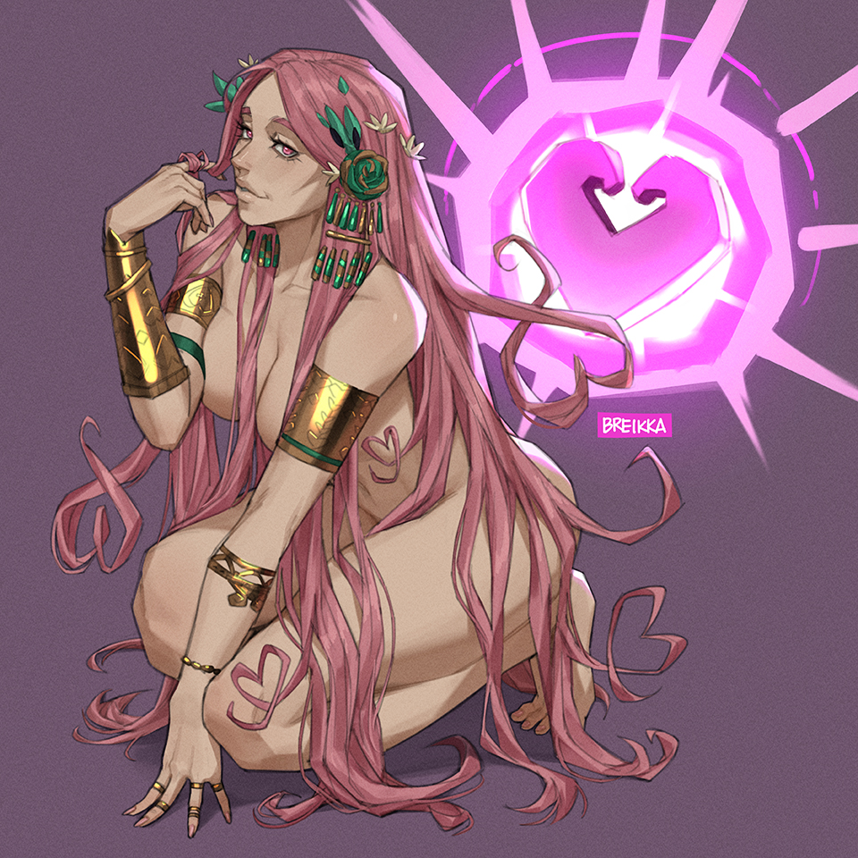 1girl absurdly_long_hair aphrodite_(hades) armlet artist_name barefoot breasts breikka commentary convenient_censoring english_commentary full_body gold_ring golden_armlet hades_(series) hades_1 hades_2 heart heart-shaped_hair heel_up jewelry long_hair looking_at_viewer medium_breasts multiple_rings nude on_one_knee patreon_username pink_eyebrows pink_eyes pink_hair pink_nails ring seductive_smile shadow smile solo toes twirling_hair very_long_hair
