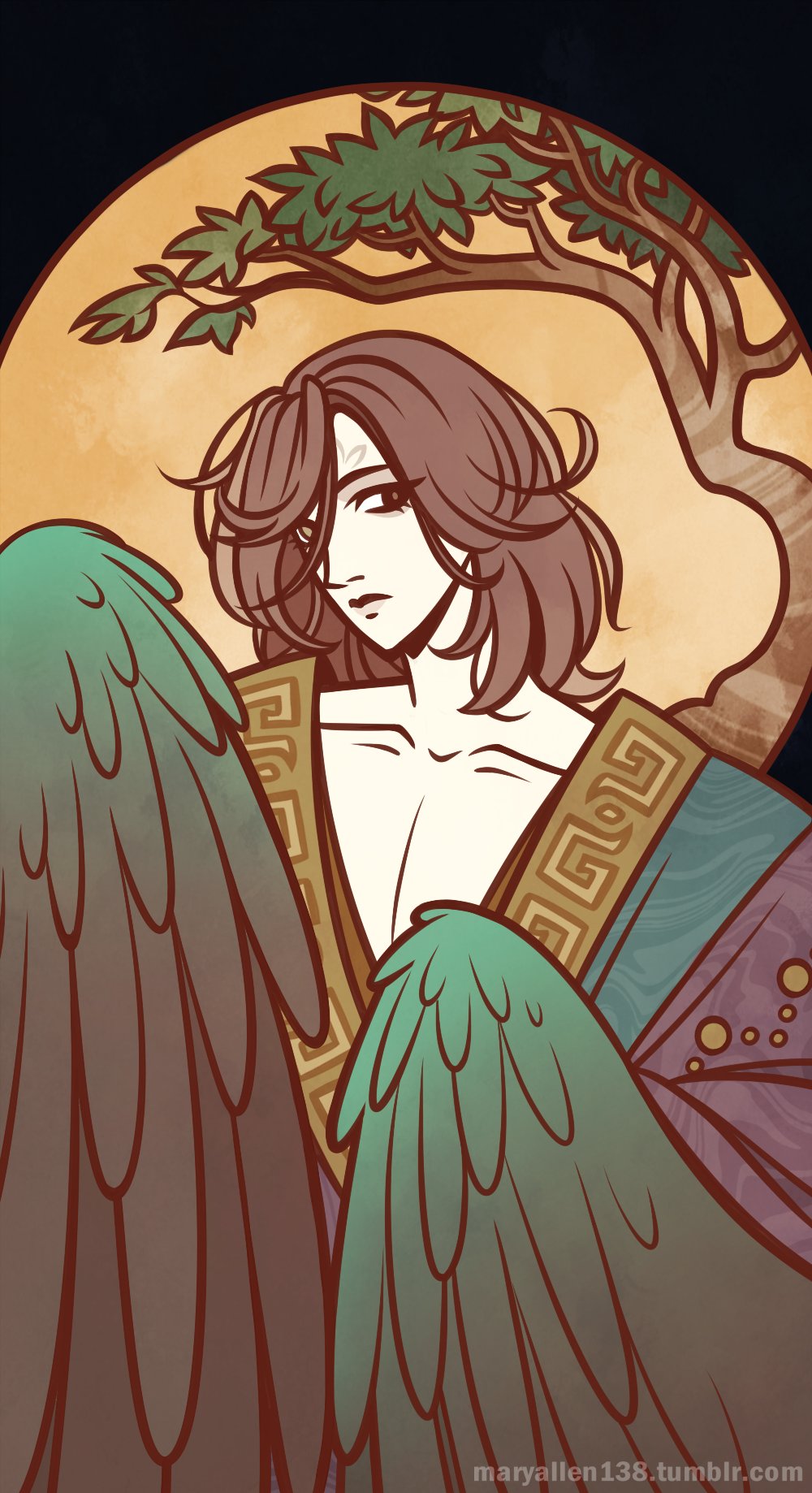 1boy bird_wings brown_eyes brown_hair brown_wings chinese_clothes closed_mouth feathered_wings getian_(reverse:1999) grey_eyes hanfu harpy_boy heterochromia highres looking_at_viewer male_focus maryallen138 monster_boy orange_background reverse:1999 solo tree upper_body winged_arms wings