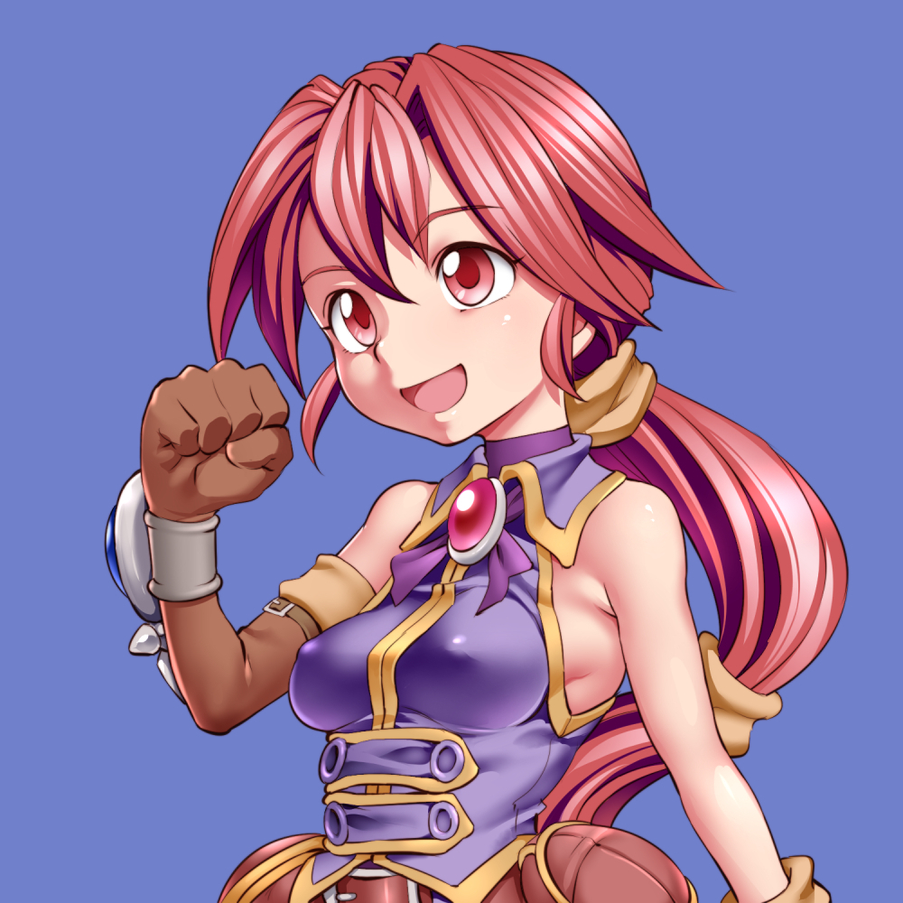 1girl asymmetrical_gloves belt bracelet breasts brown_gloves clenched_hand covered_erect_nipples dark_chronicle elbow_gloves funnyari gloves jewelry long_hair medium_breasts monica_(dark_chronicle) neck_ribbon open_mouth ponytail red_eyes red_hair ribbon simple_background single_elbow_glove smile solo very_long_hair