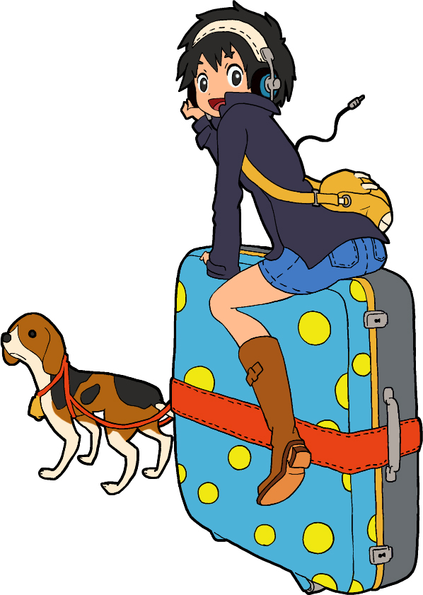 1girl :d animal ass bag beagle black_hair black_jacket boots brown_boots commentary_request denim denim_shorts dog hand_up headphones jacket long_sleeves looking_at_viewer looking_back open_mouth original shoe_soles short_shorts shorts shoulder_bag simple_background sitting smile solo white_background yukimoto_shuuji_(gurigura)