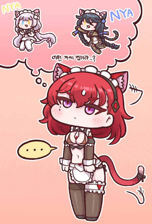 &gt;_o ... 3girls alternate_costume animal_ear_fluff animal_ears black_legwear blue_eyes blush breasts bulga cat_ears cat_tail chibi cleavage cleavage_cutout clothing_cutout enmaided extra_ears full_body heterochromia janghwa_(last_origin) korean_text last_origin maid maid_headdress mole mole_under_eye multiple_girls nyan one_eye_closed perrault_(last_origin) poi_(last_origin) simple_background speech_bubble spoken_ellipsis sweatdrop tail thighhighs thought_bubble white_legwear yellow_background yellow_eyes
