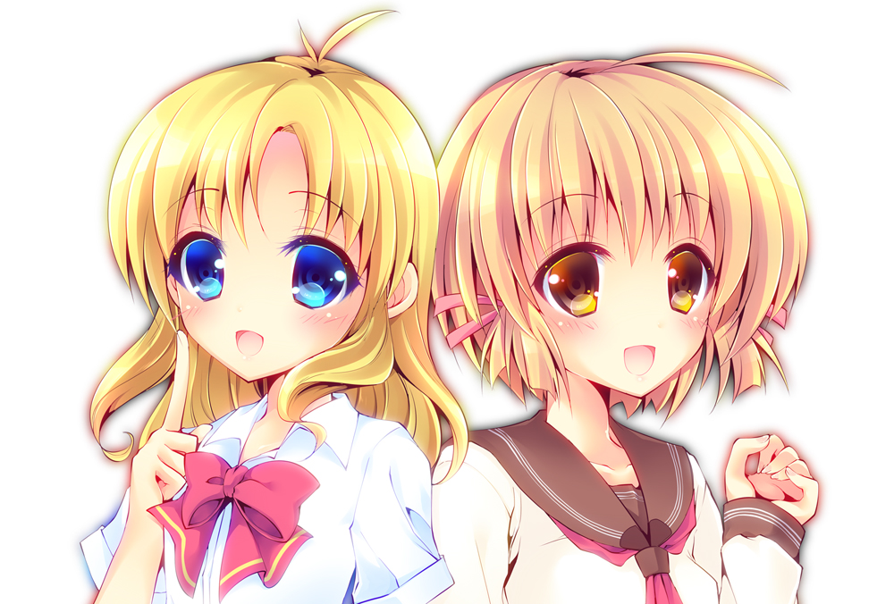 00s 2girls blonde_hair blue_eyes bow brown_eyes comic_party enjoy_mix kashiwagi_hatsune kizuato long_sleeves multiple_girls neckerchief open_mouth school_uniform serafuku short_sleeves simple_background smile tsukamoto_chisa upper_body