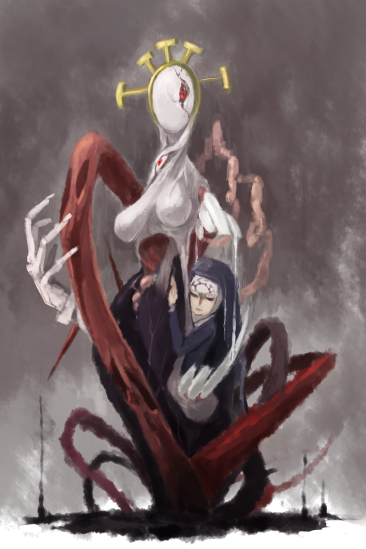 1girl black_sclera bone claws colored_sclera double_(skullgirls) dual_persona female_focus gokotan headdress intestines monster monster_girl nun red_eyes skullgirls solo teeth traditional_nun transformation