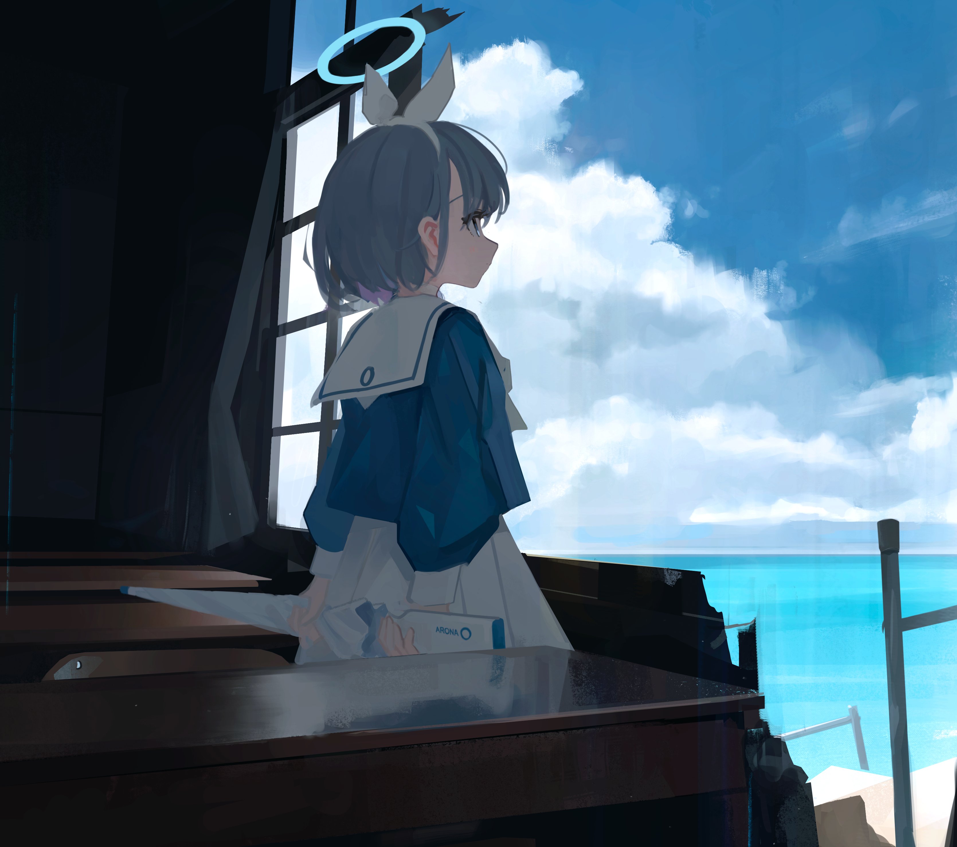1girl absurdres arona_(blue_archive) blue_archive blue_eyes blue_hair blue_shirt chair character_name classroom cloud comiket_102 commentary_request desk halo highres long_sleeves ocean orval pleated_skirt sailor_collar school_chair school_desk school_uniform serafuku shirt short_hair skirt sky solo white_sailor_collar white_skirt window