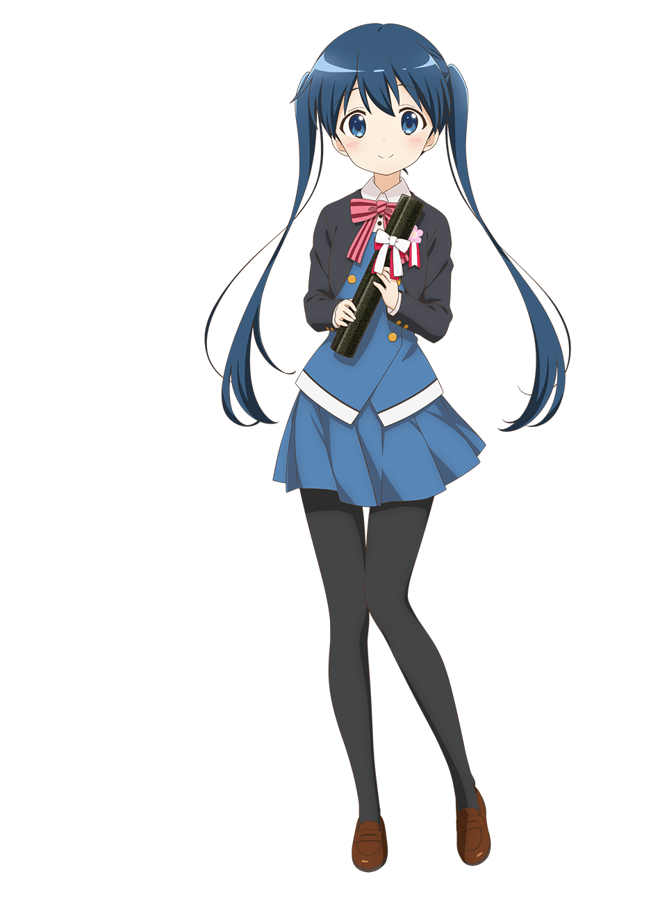 1girl black_jacket black_pantyhose blue_eyes blue_hair blue_skirt blue_vest bow bowtie brown_shoes buttons closed_mouth collared_shirt diploma diploma_tube double-breasted full_body highres holding holding_diploma jacket kin-iro_mosaic komichi_aya loafers long_hair long_sleeves looking_at_viewer miniskirt moegi_high_school_uniform official_art open_clothes open_jacket pantyhose pink_bow pink_bowtie pleated_skirt school_uniform shirt shoes simple_background skirt smile solo standing striped_bow striped_bowtie striped_clothes tachi-e transparent_background twintails ueta_kazuyuki very_long_hair vest white_bow white_shirt winter_uniform