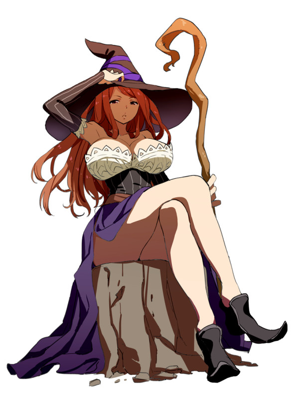1girl bare_shoulders breasts brown_eyes brown_hair crossed_legs detached_sleeves dragon&#039;s_crown dress female_focus hand_on_headwear hat large_breasts long_hair saitou_masatsugu side_slit simple_background sitting on_tree_stump solo sorceress_(dragon&#039;s_crown) staff strapless strapless_dress tree_stump white_background witch_hat