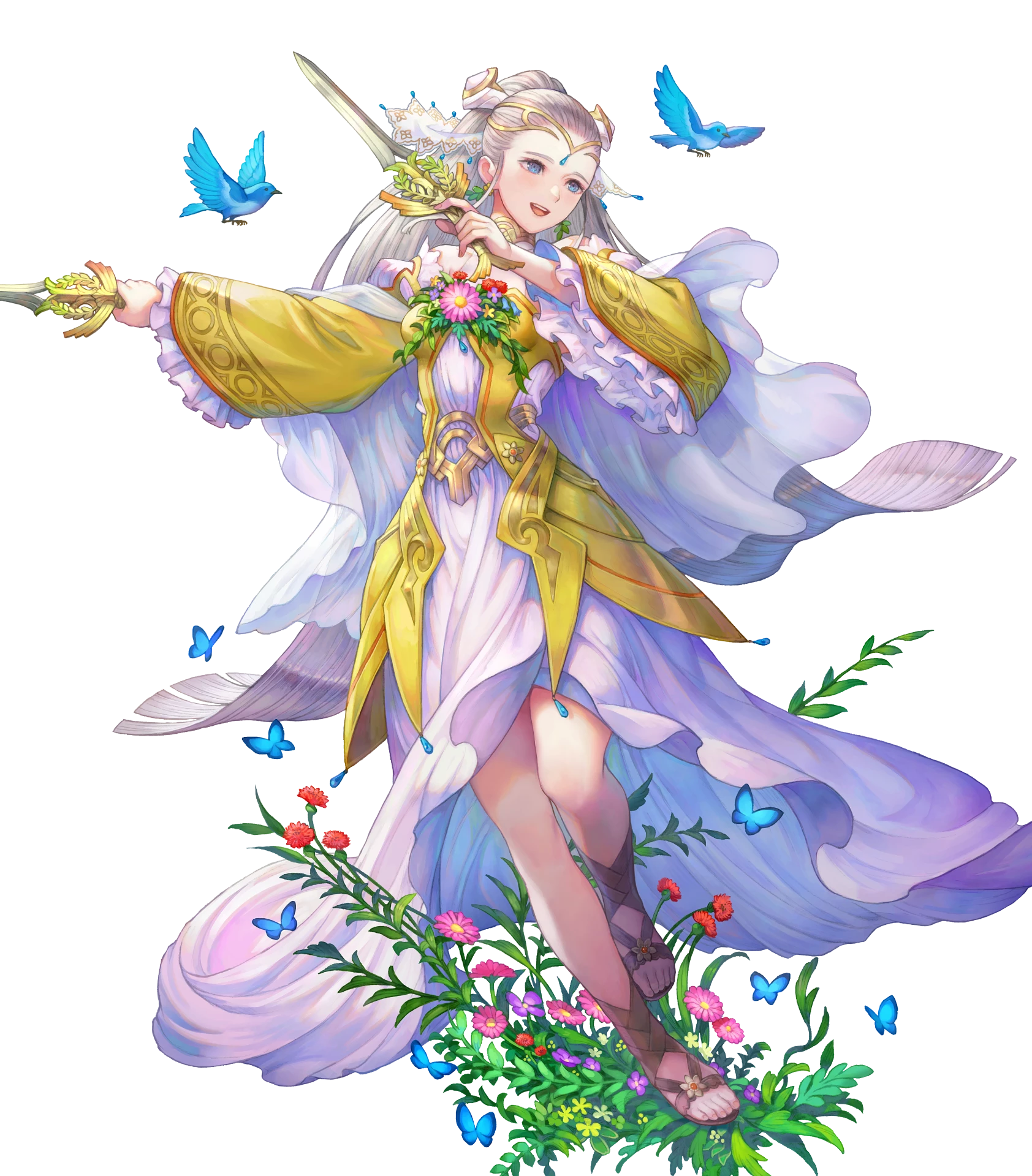 1girl animal bird blue_butterfly blue_eyes breasts bug butterfly comic covered_collarbone dagger detached_sleeves dress dual_wielding earrings eir_(fire_emblem) eir_(life_ascendant)_(fire_emblem) feet female_focus fire_emblem fire_emblem_heroes flower flower_earrings frills full_body gold_trim grey_hair haccan hair_ornament highres holding holding_dagger holding_knife holding_weapon insect jewelry knife long_dress long_hair medium_breasts nintendo non-web_source official_art open_mouth ponytail sandals see-through_clothes smile solo tiara toes transparent_background weapon wide_sleeves